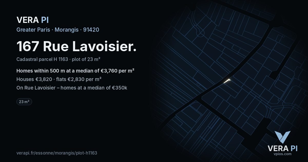 167 Rue Lavoisier, Morangis at night – the plot lit, the parcels around coloured by the prices near them