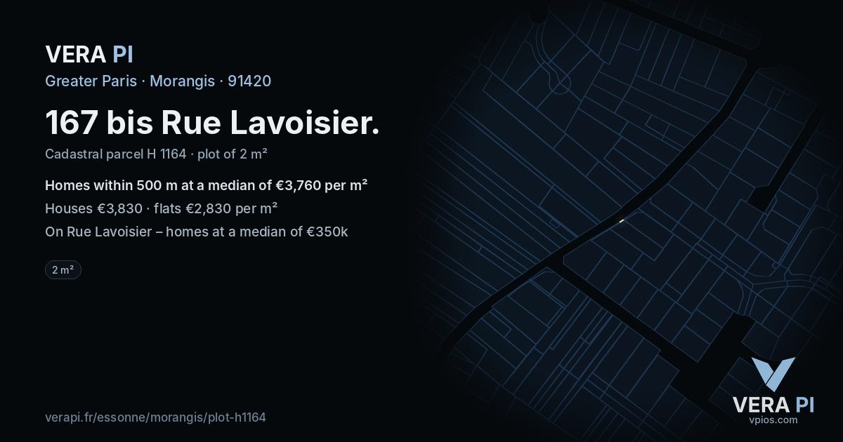 167 bis Rue Lavoisier, Morangis at night – the plot lit, the parcels around coloured by the prices near them