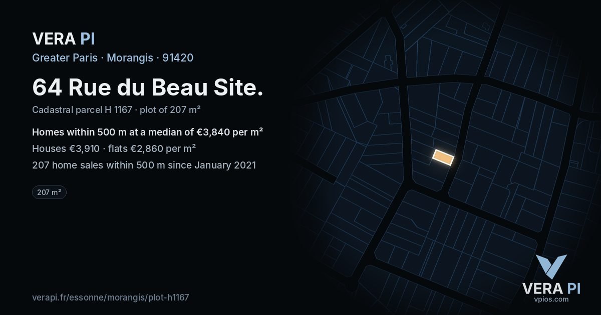 64 Rue du Beau Site, Morangis at night – the plot lit, the parcels around coloured by the prices near them