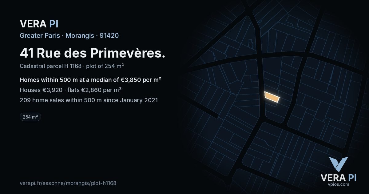 41 Rue des Primevères, Morangis at night – the plot lit, the parcels around coloured by the prices near them