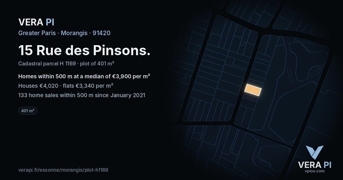 15 Rue des Pinsons, Morangis at night – the plot lit, the parcels around coloured by the prices near them