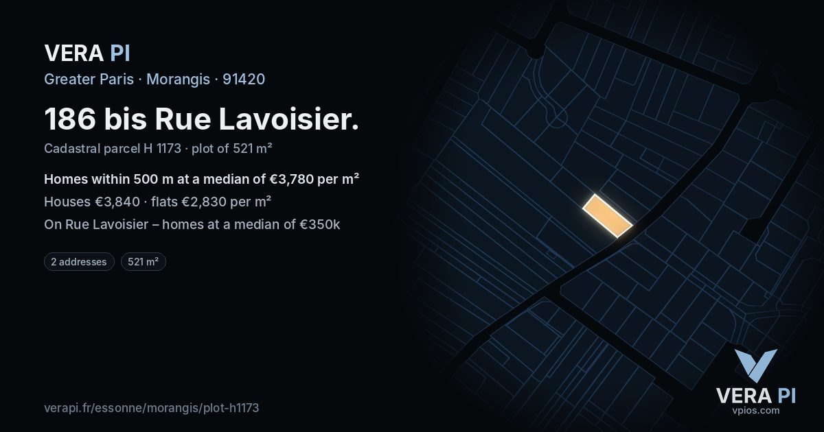 186 bis Rue Lavoisier, Morangis at night – the plot lit, the parcels around coloured by the prices near them