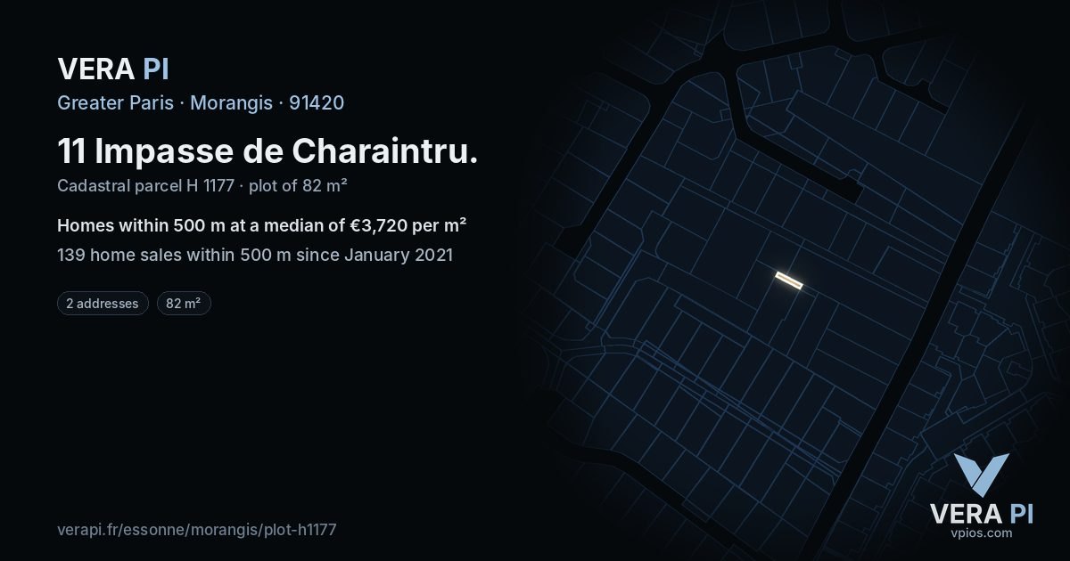 11 Impasse de Charaintru, Morangis at night – the plot lit, the parcels around coloured by the prices near them