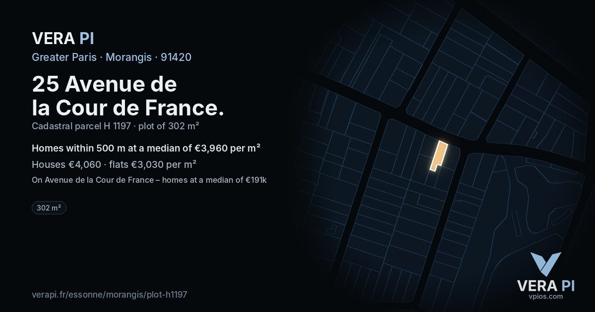 25 Avenue de la Cour de France, Morangis at night – the plot lit, the parcels around coloured by the prices near them