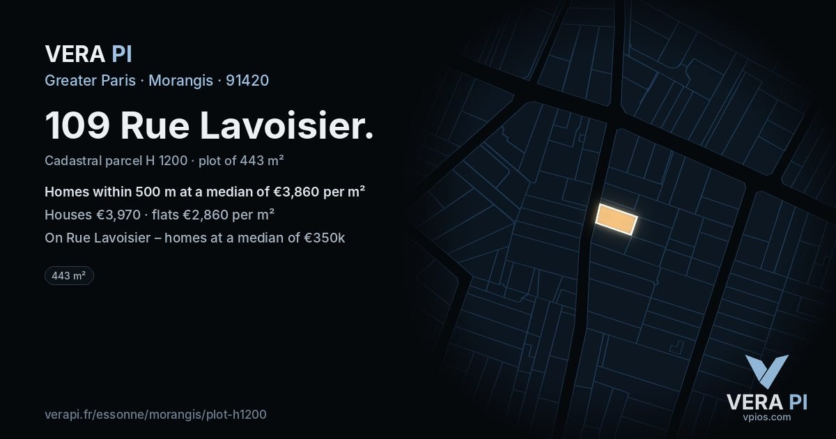 109 Rue Lavoisier, Morangis at night – the plot lit, the parcels around coloured by the prices near them