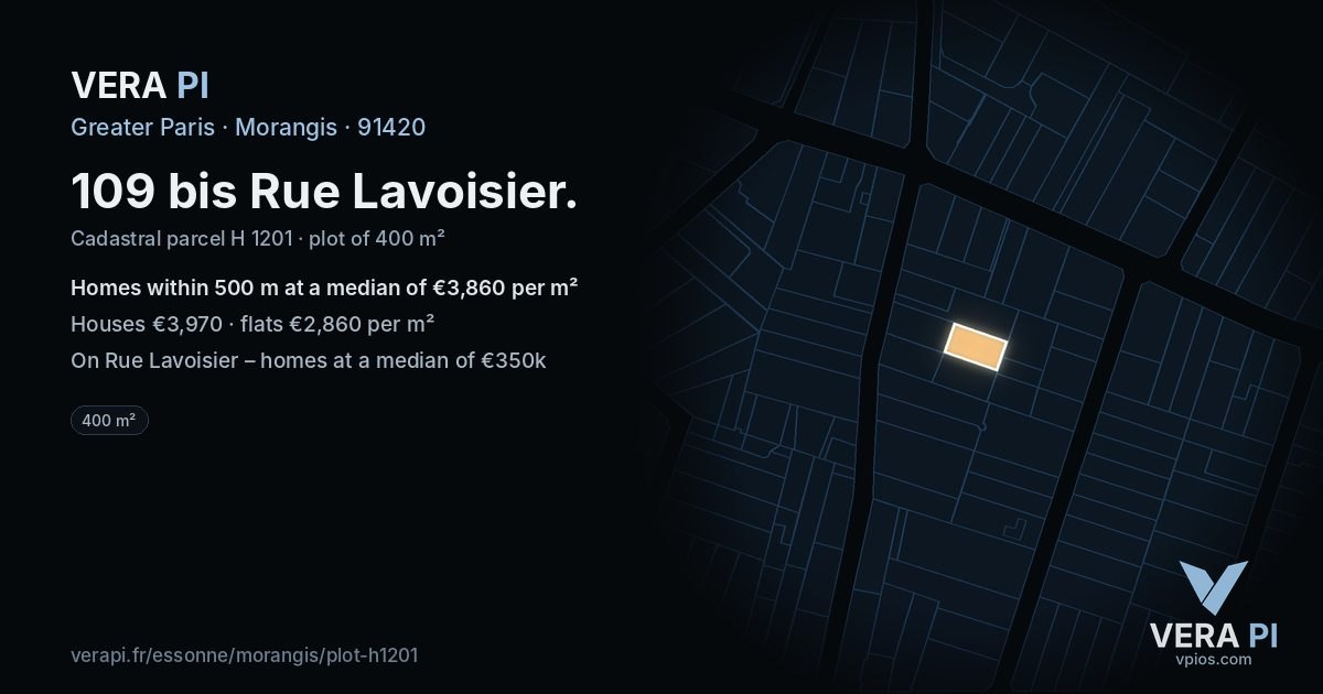 109 bis Rue Lavoisier, Morangis at night – the plot lit, the parcels around coloured by the prices near them