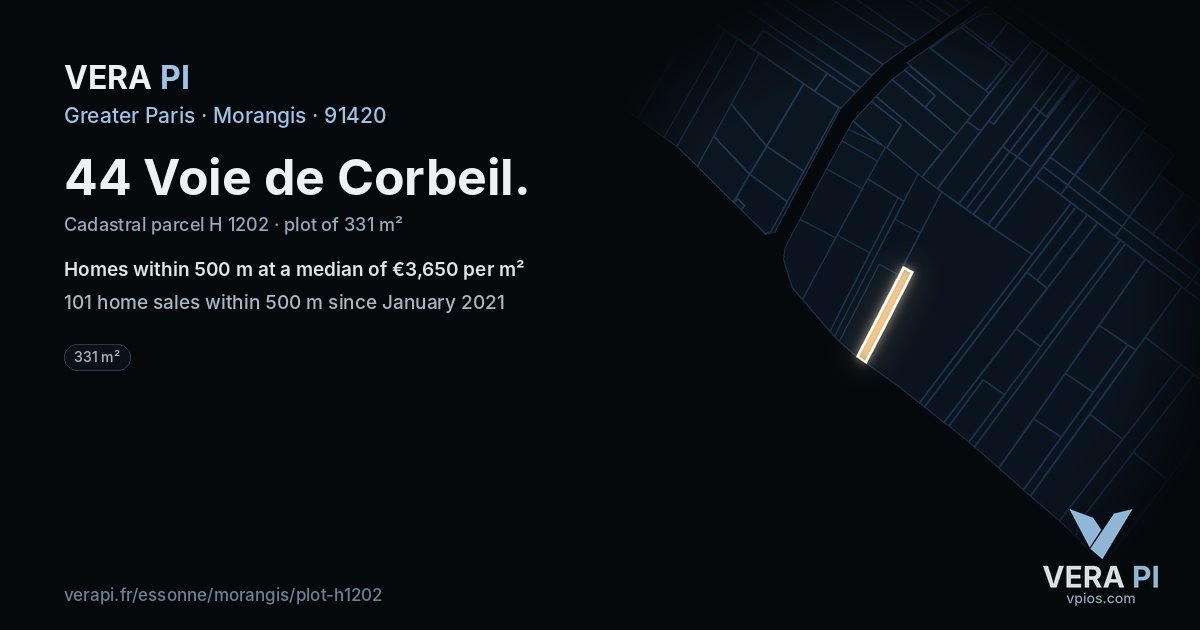 44 Voie de Corbeil, Morangis at night – the plot lit, the parcels around coloured by the prices near them