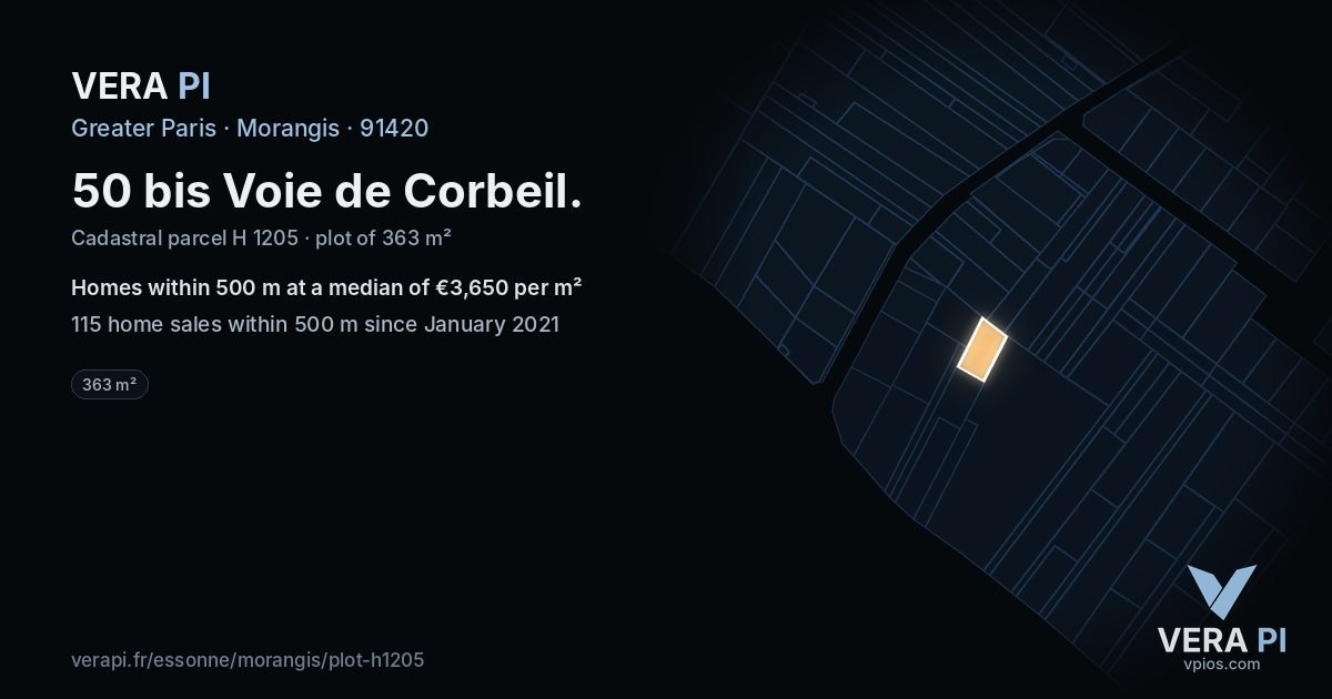 50 bis Voie de Corbeil, Morangis at night – the plot lit, the parcels around coloured by the prices near them