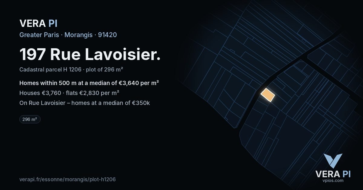 197 Rue Lavoisier, Morangis at night – the plot lit, the parcels around coloured by the prices near them