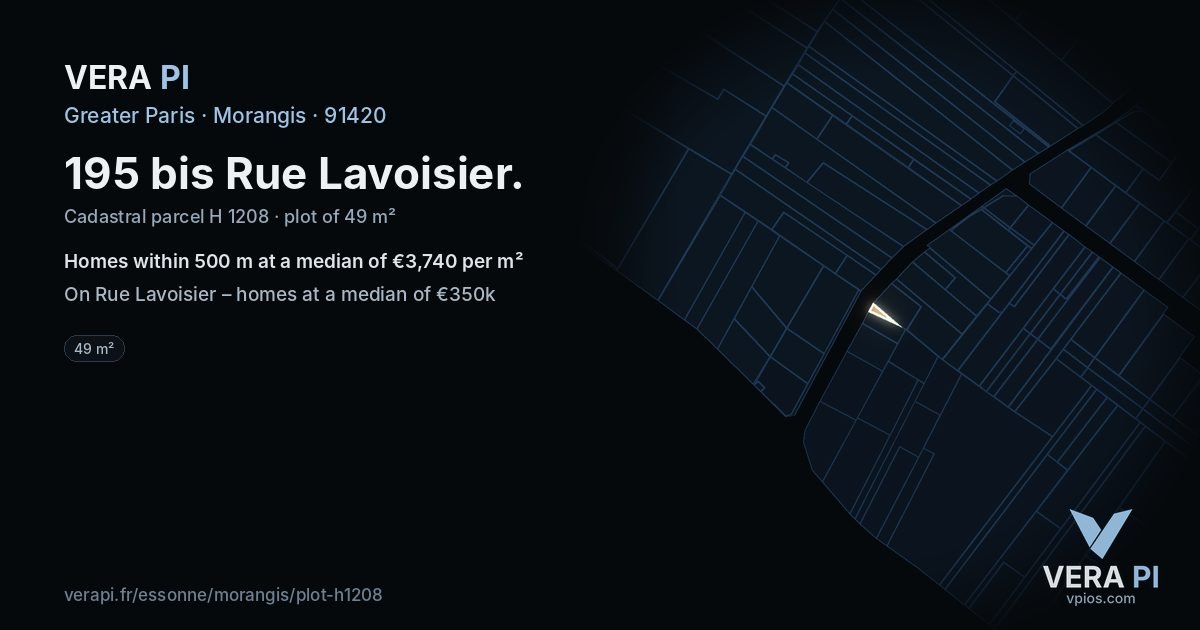195 bis Rue Lavoisier, Morangis at night – the plot lit, the parcels around coloured by the prices near them