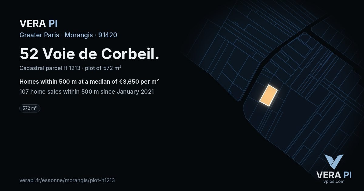 52 Voie de Corbeil, Morangis at night – the plot lit, the parcels around coloured by the prices near them