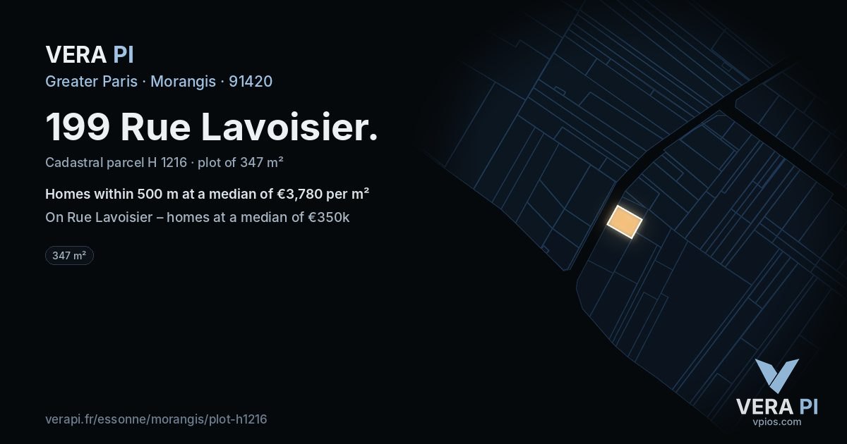 199 Rue Lavoisier, Morangis at night – the plot lit, the parcels around coloured by the prices near them