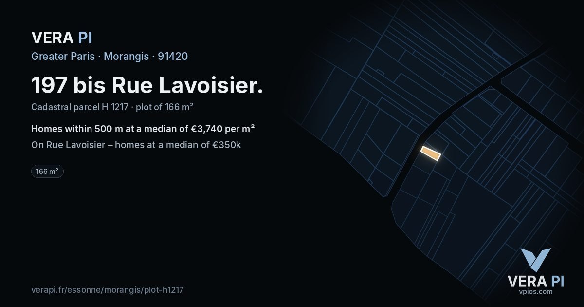 197 bis Rue Lavoisier, Morangis at night – the plot lit, the parcels around coloured by the prices near them