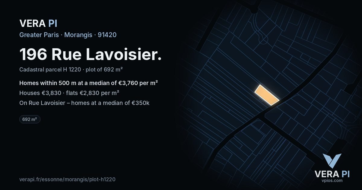 196 Rue Lavoisier, Morangis at night – the plot lit, the parcels around coloured by the prices near them