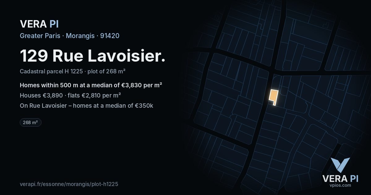 129 Rue Lavoisier, Morangis at night – the plot lit, the parcels around coloured by the prices near them