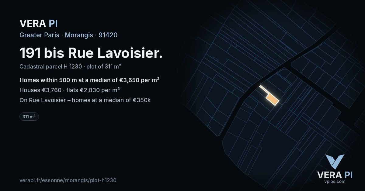 191 bis Rue Lavoisier, Morangis at night – the plot lit, the parcels around coloured by the prices near them