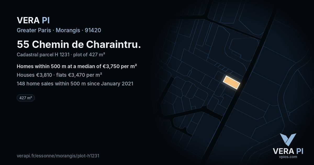 55 Chemin de Charaintru, Morangis at night – the plot lit, the parcels around coloured by the prices near them