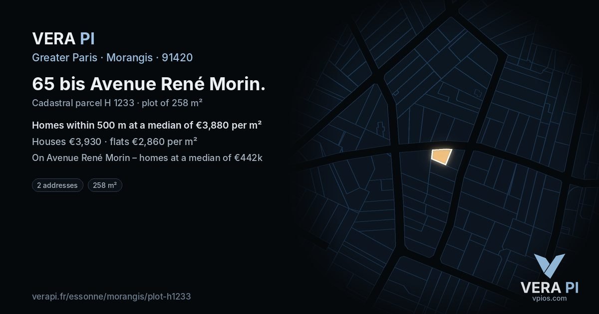 65 bis Avenue René Morin, Morangis at night – the plot lit, the parcels around coloured by the prices near them