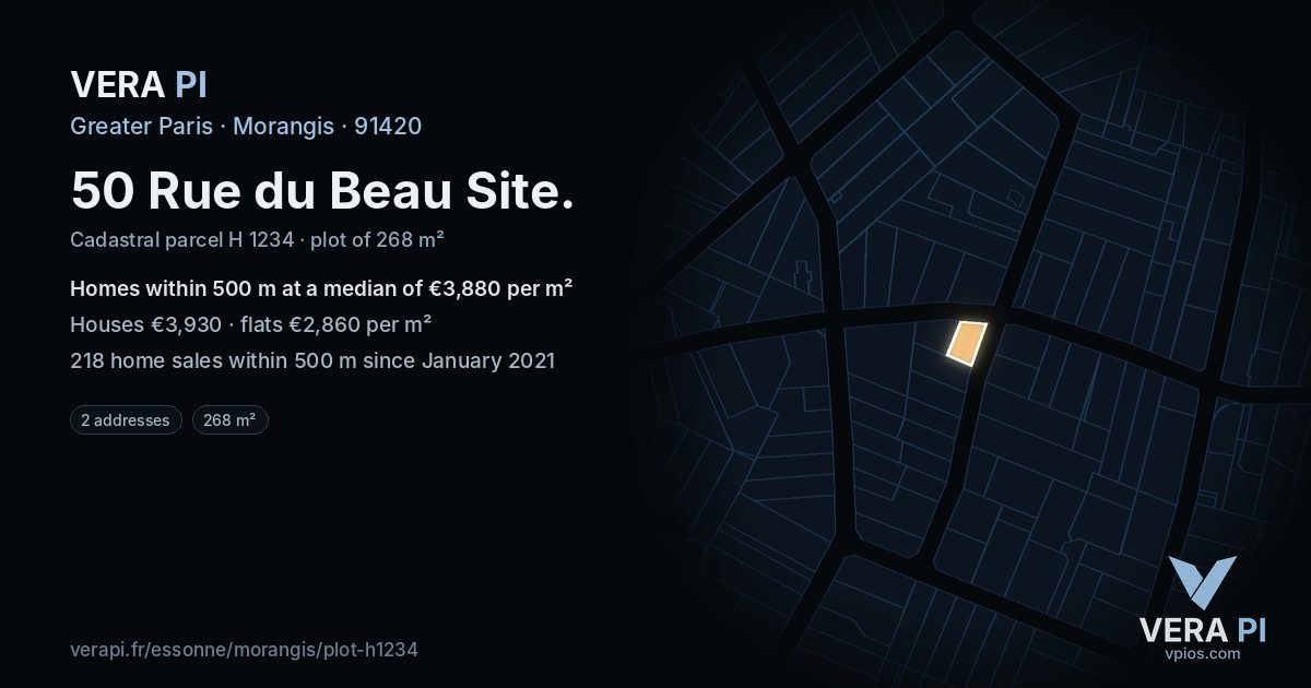 50 Rue du Beau Site, Morangis at night – the plot lit, the parcels around coloured by the prices near them