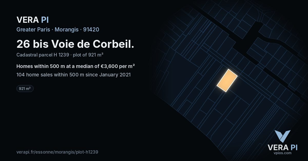 26 bis Voie de Corbeil, Morangis at night – the plot lit, the parcels around coloured by the prices near them