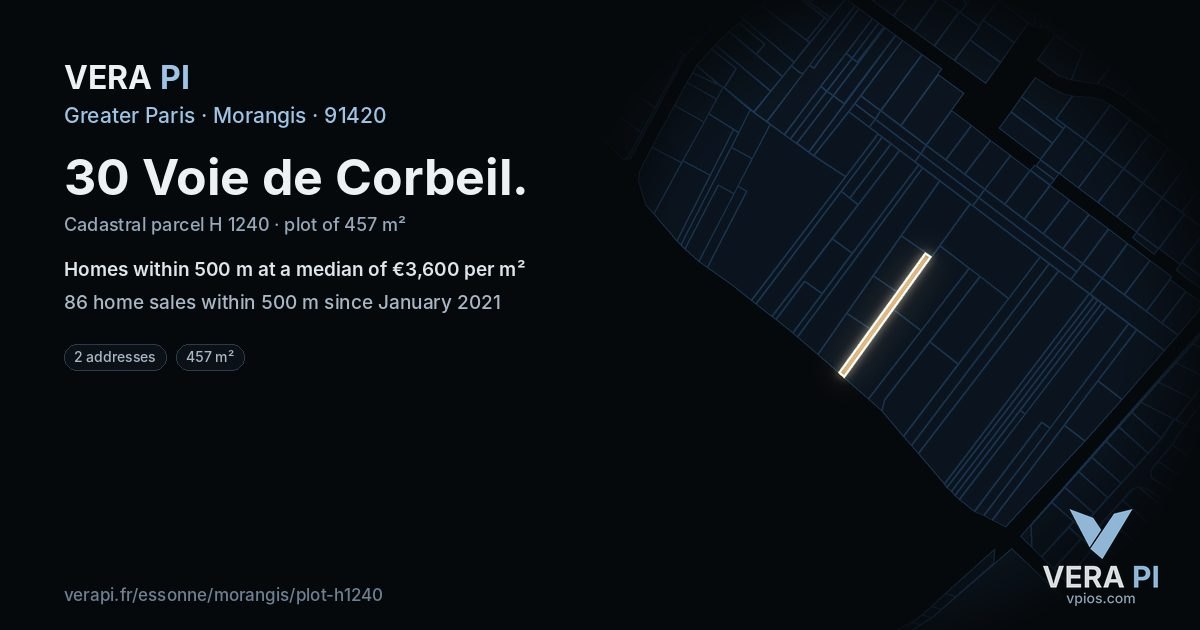 30 Voie de Corbeil, Morangis at night – the plot lit, the parcels around coloured by the prices near them