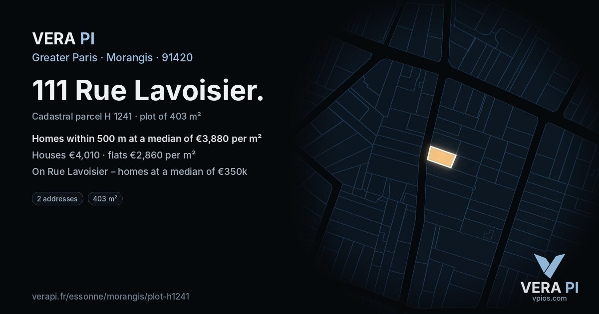 111 Rue Lavoisier, Morangis at night – the plot lit, the parcels around coloured by the prices near them