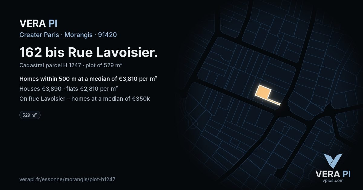 162 bis Rue Lavoisier, Morangis at night – the plot lit, the parcels around coloured by the prices near them