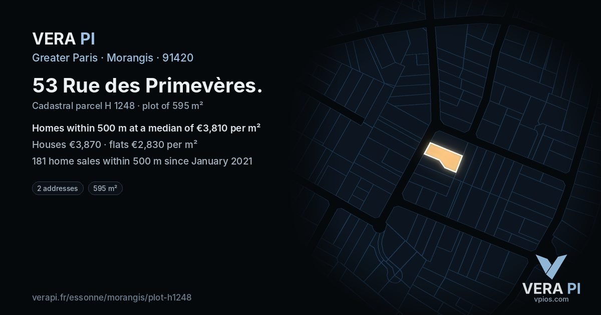 53 Rue des Primevères, Morangis at night – the plot lit, the parcels around coloured by the prices near them
