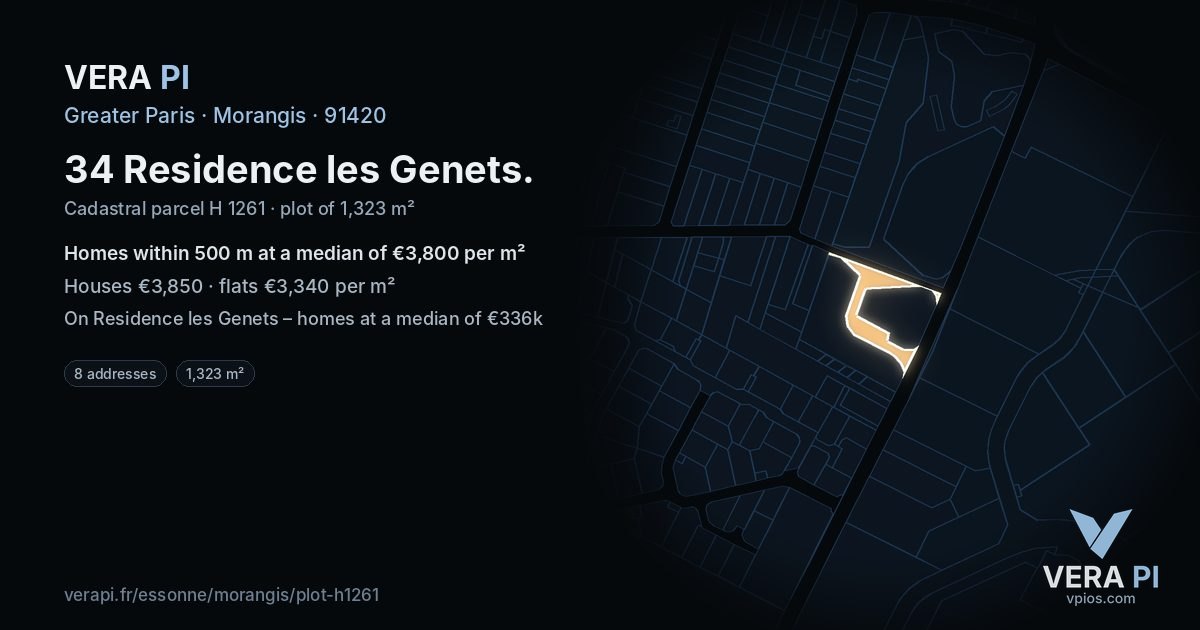 34 Residence les Genets, Morangis at night – the plot lit, the parcels around coloured by the prices near them