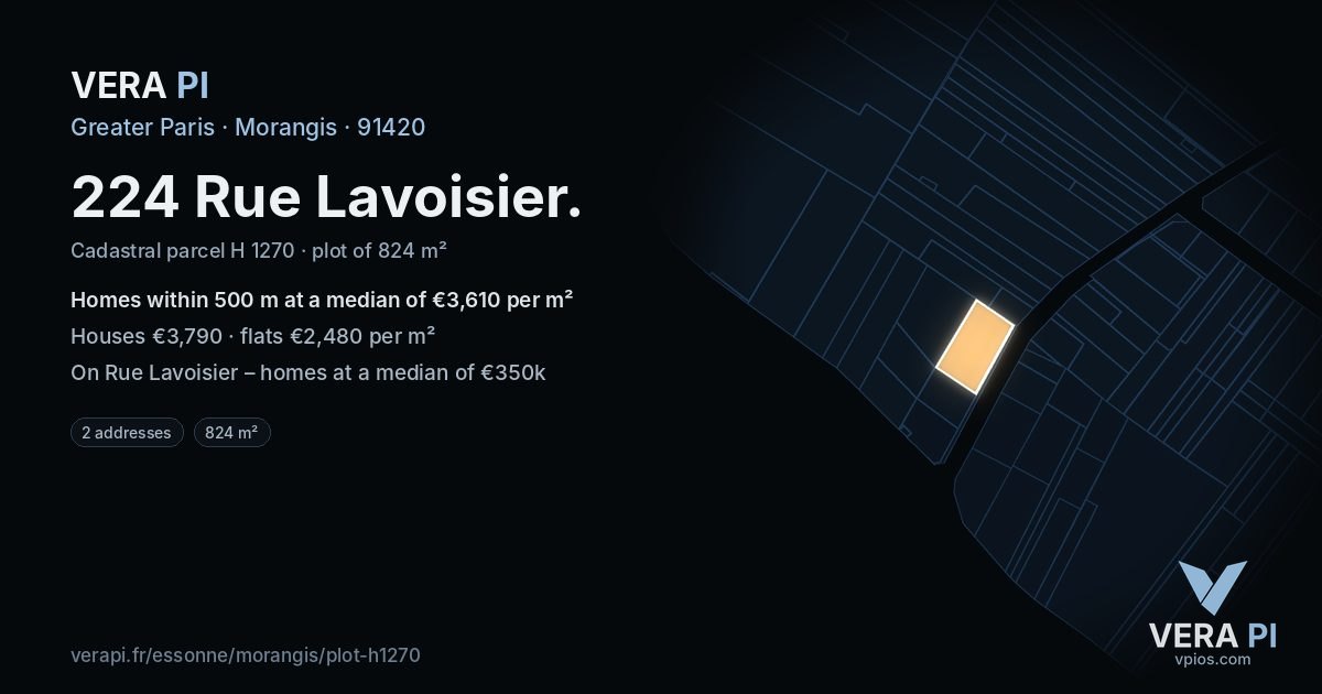 224 Rue Lavoisier, Morangis at night – the plot lit, the parcels around coloured by the prices near them