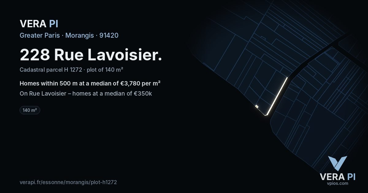 228 Rue Lavoisier, Morangis at night – the plot lit, the parcels around coloured by the prices near them
