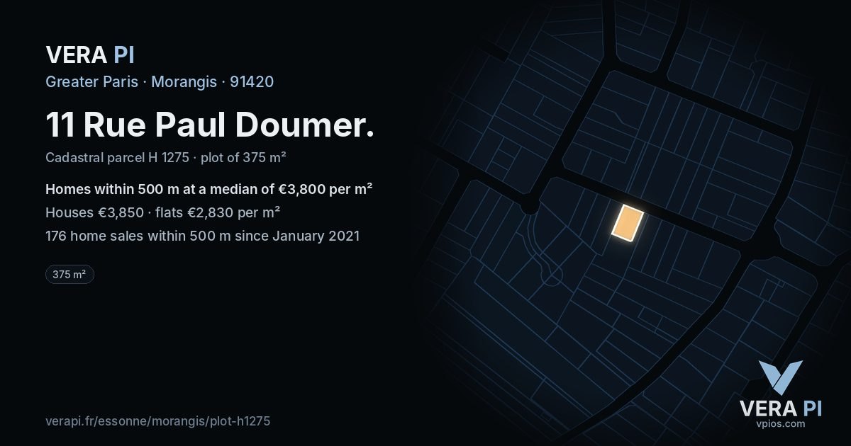 11 Rue Paul Doumer, Morangis at night – the plot lit, the parcels around coloured by the prices near them