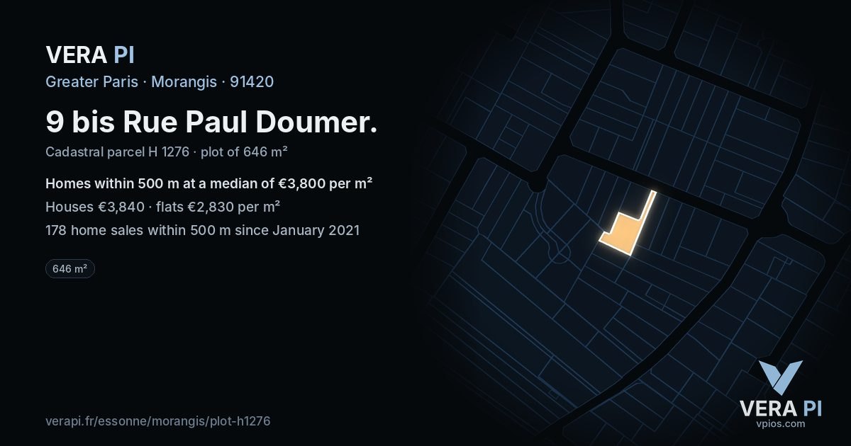 9 bis Rue Paul Doumer, Morangis at night – the plot lit, the parcels around coloured by the prices near them