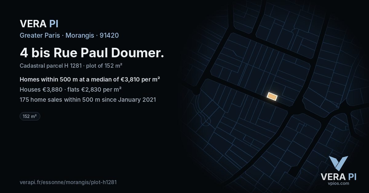 4 bis Rue Paul Doumer, Morangis at night – the plot lit, the parcels around coloured by the prices near them
