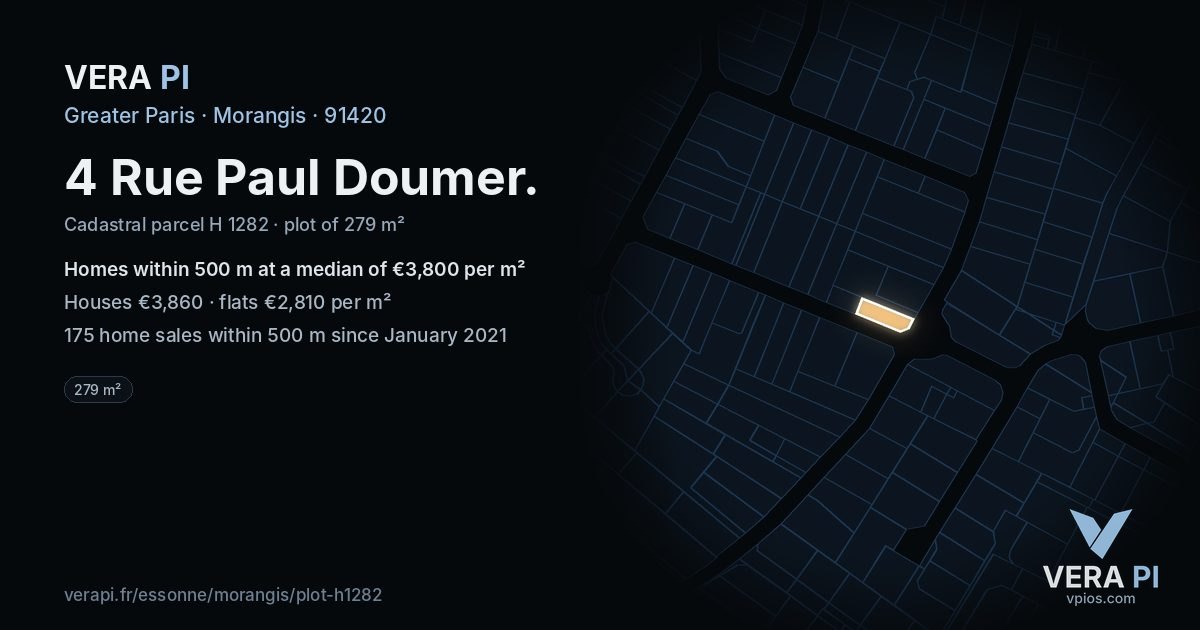 4 Rue Paul Doumer, Morangis at night – the plot lit, the parcels around coloured by the prices near them