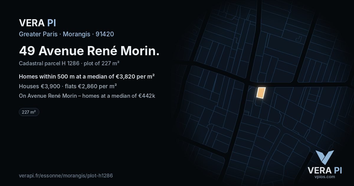 49 Avenue René Morin, Morangis at night – the plot lit, the parcels around coloured by the prices near them