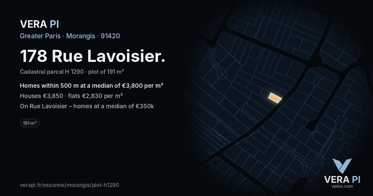 178 Rue Lavoisier, Morangis at night – the plot lit, the parcels around coloured by the prices near them