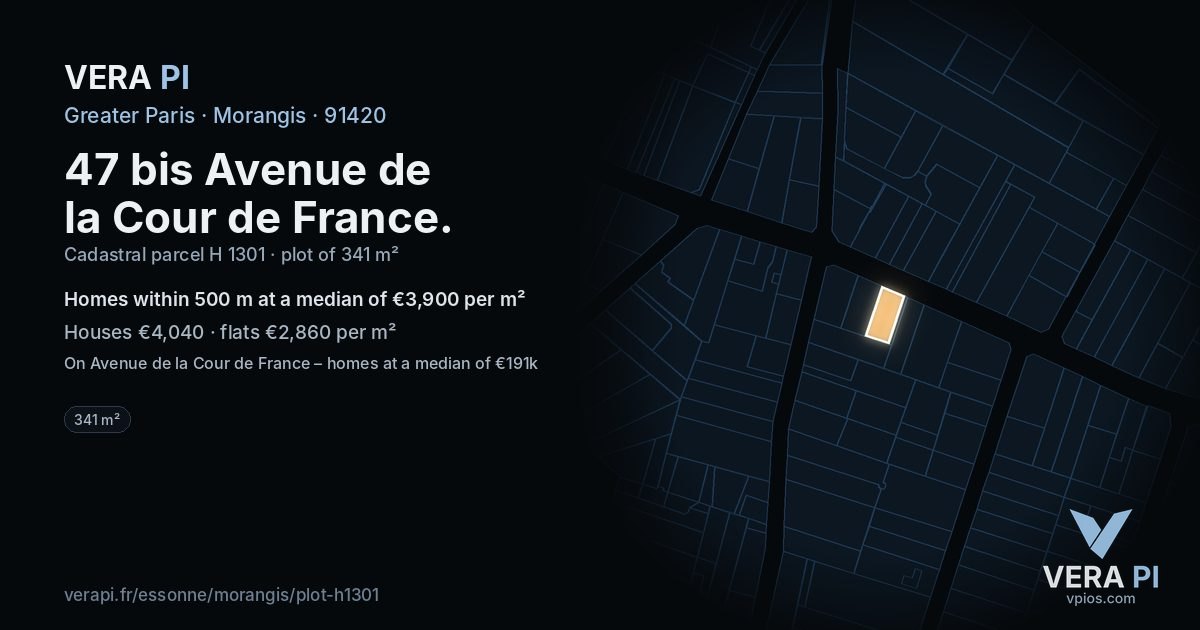47 bis Avenue de la Cour de France, Morangis at night – the plot lit, the parcels around coloured by the prices near them