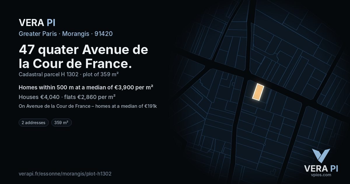 47 quater Avenue de la Cour de France, Morangis at night – the plot lit, the parcels around coloured by the prices near them