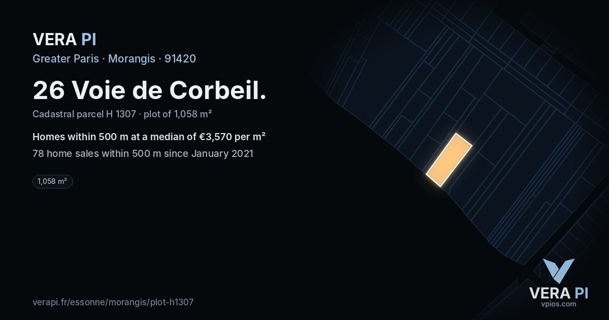 26 Voie de Corbeil, Morangis at night – the plot lit, the parcels around coloured by the prices near them