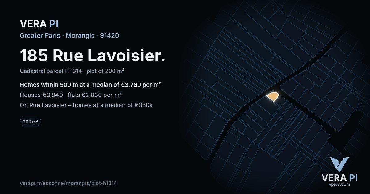 185 Rue Lavoisier, Morangis at night – the plot lit, the parcels around coloured by the prices near them