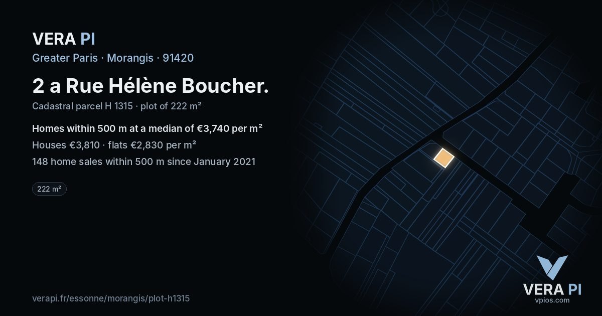 2 a Rue Hélène Boucher, Morangis at night – the plot lit, the parcels around coloured by the prices near them
