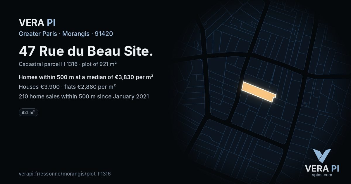 47 Rue du Beau Site, Morangis at night – the plot lit, the parcels around coloured by the prices near them