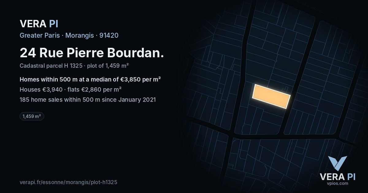 24 Rue Pierre Bourdan, Morangis at night – the plot lit, the parcels around coloured by the prices near them