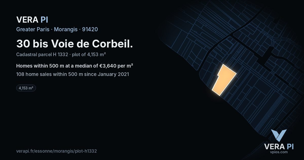 30 bis Voie de Corbeil, Morangis at night – the plot lit, the parcels around coloured by the prices near them