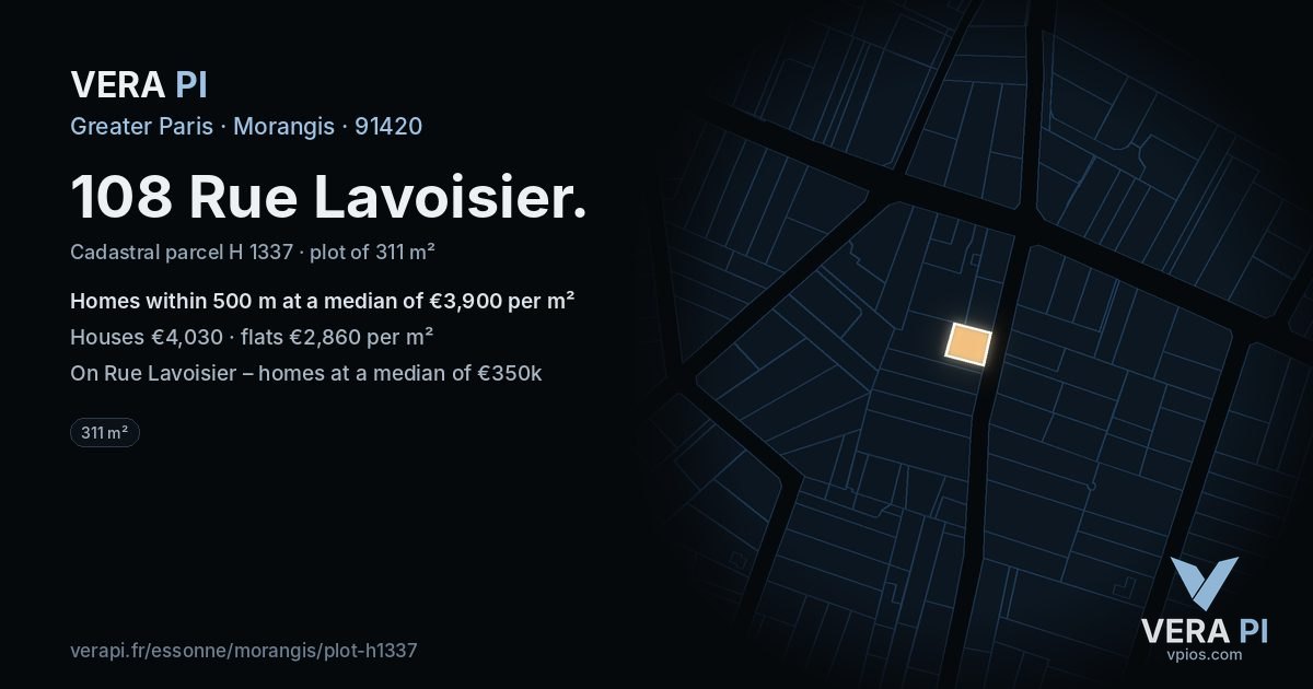 108 Rue Lavoisier, Morangis at night – the plot lit, the parcels around coloured by the prices near them