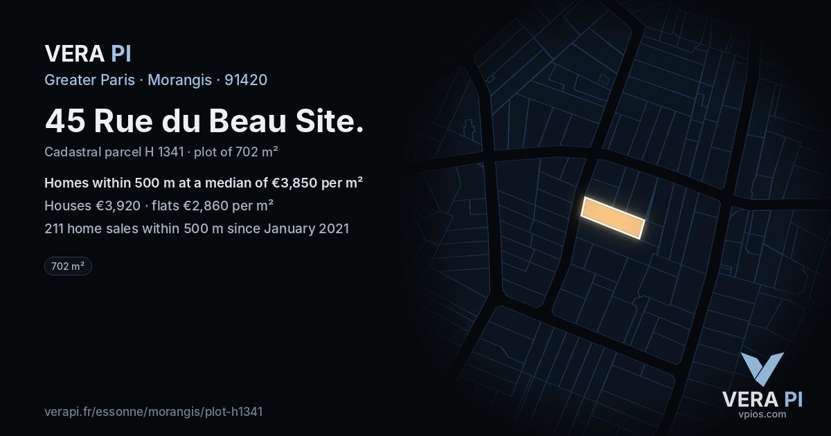 45 Rue du Beau Site, Morangis at night – the plot lit, the parcels around coloured by the prices near them