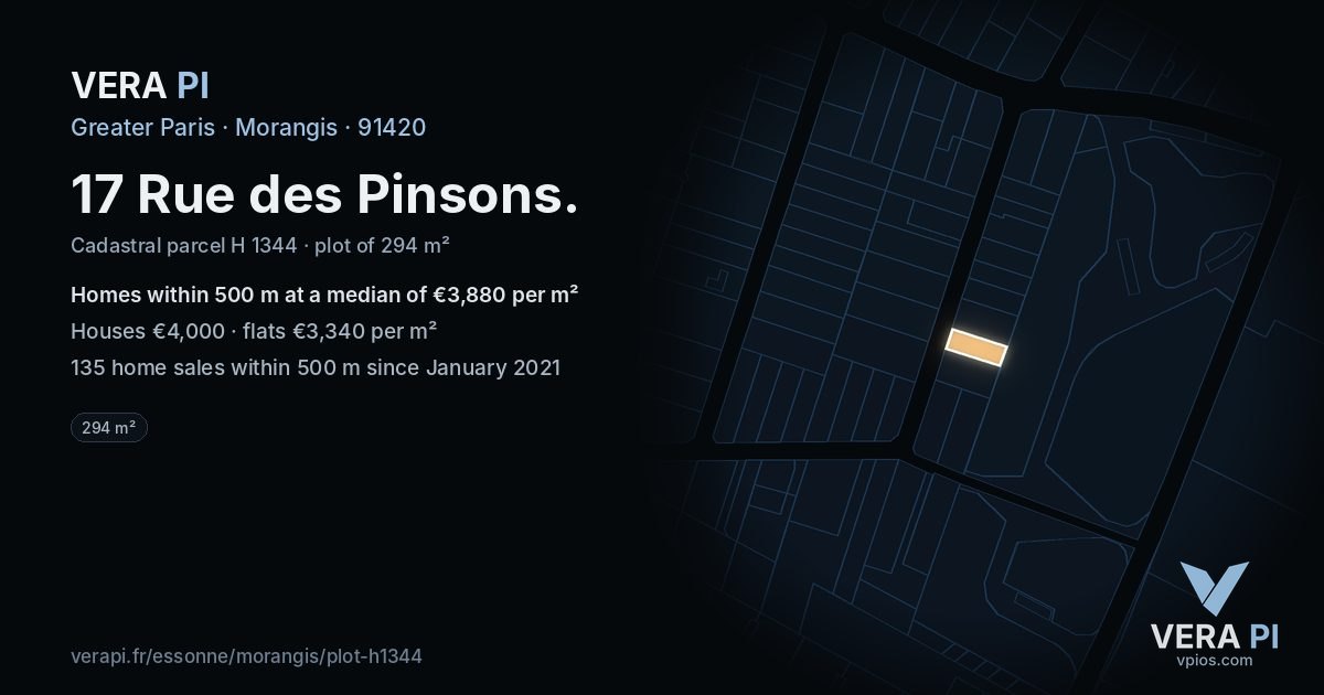 17 Rue des Pinsons, Morangis at night – the plot lit, the parcels around coloured by the prices near them