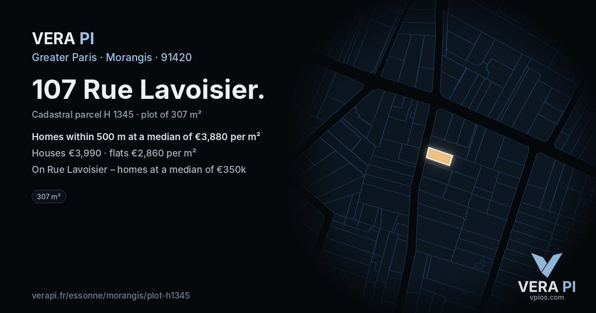 107 Rue Lavoisier, Morangis at night – the plot lit, the parcels around coloured by the prices near them