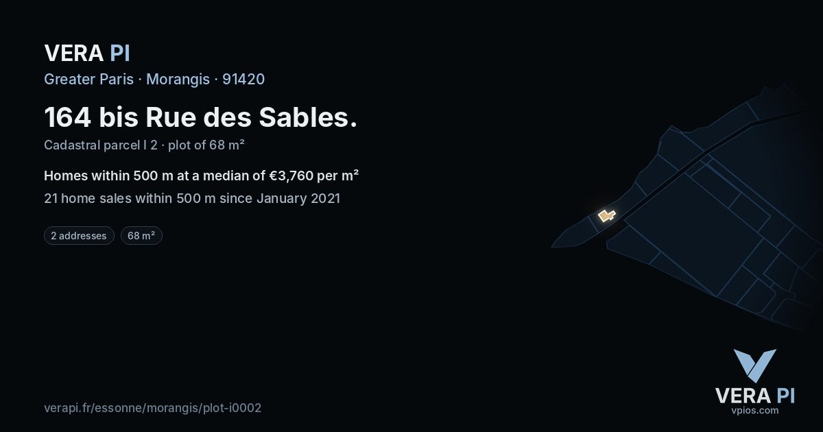 164 bis Rue des Sables, Morangis at night – the plot lit, the parcels around coloured by the prices near them